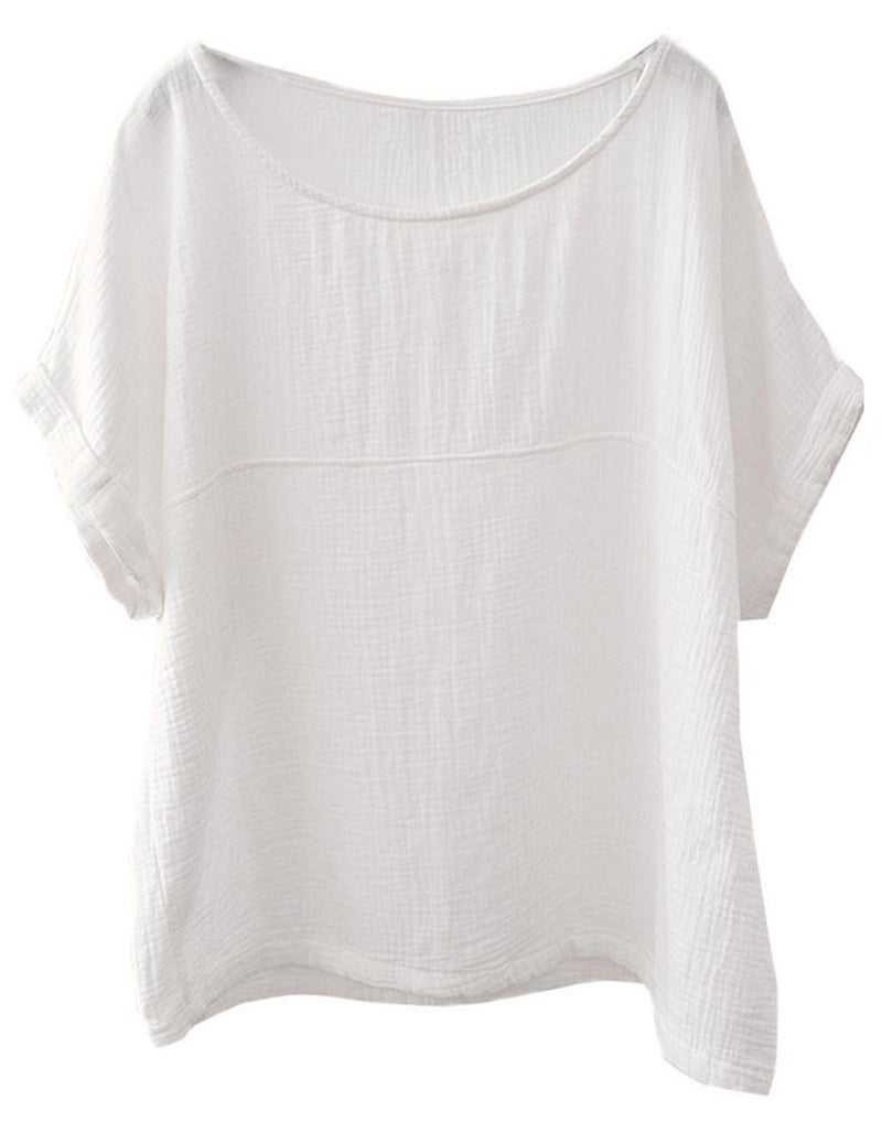 Soojun Women's Cotton Linen Round Collar Boxy Top Patchwork Blouses White, Small - Image 2